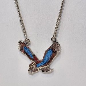 Crushed Turquoise and Jasper Eagle Pendant Silver Tone Chain Necklace Vintage